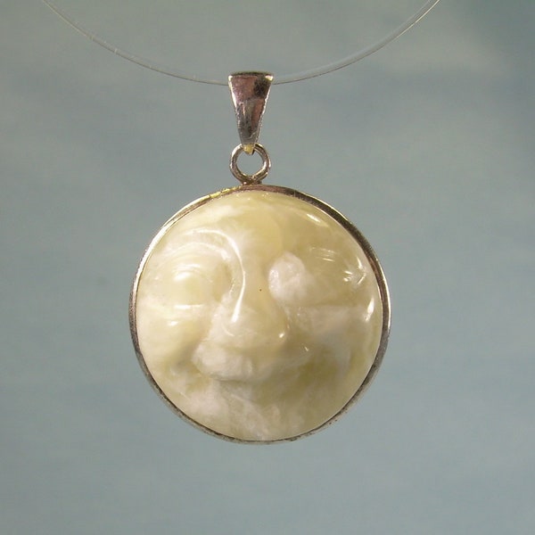 STERLING CELESTIAL FACE Pendant Charm-Vintage 925 Silver-Carved Nephrite White Mutton Green Jade Cameo-Goddess Cosmic Man In The Full Moon