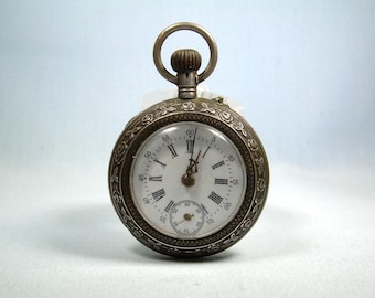 800 SILVER SWISS Ladies Pocket Watch-Vintage Antique Almost Sterling-Enamel-56868 Dates 1915-1934 Nouveau Edwardian Floral Ivy-Likely DOXA