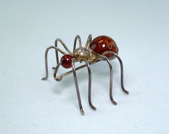 Broche de araña de plata de ley de 4,4 g - Plata 925 vintage - Ámbar polaco del Mar Báltico - Diseño 3D - Insecto arácnido espeluznante - Buena suerte