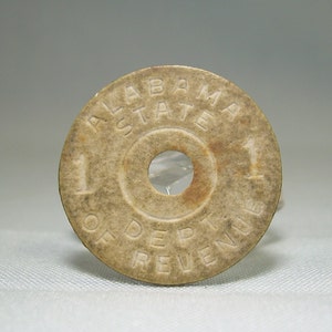 TOKEN DE IMPUESTO ANTIGUO Moneda-Cartón vintage-Departamento de Estado de Alabama-Departamento de Ingresos-Recuerdos coleccionables-La Gran Depresión-Impuesto sobre las ventas