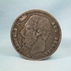 900 SILVER 1872 BELGIAN 5 Francs Sovereign Coin Pin-Vintage Antique King Leopald II-God Saves Belgium Edge-Special Keepsake-Almost Sterling
