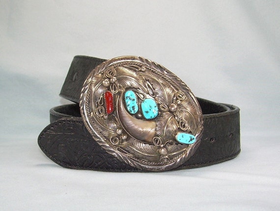 STERLING NAVAJO Buckle & Leather Belt-Vintage 925… - image 2