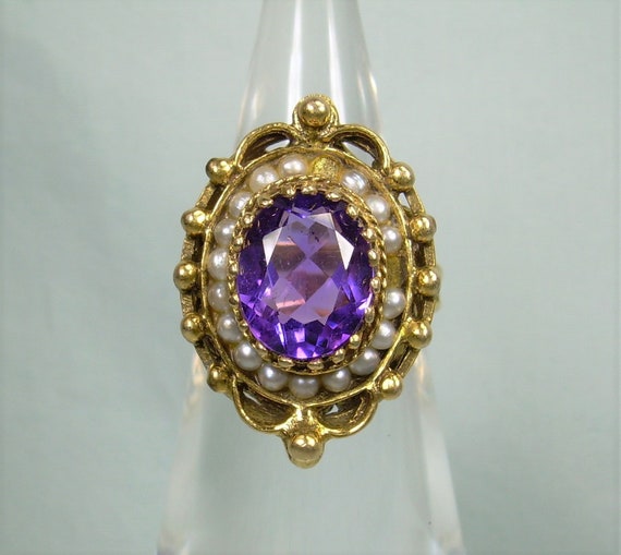 6.6g 14K AMETHYST & PEARL Ring Sz 5 to 5-1/4-Vint… - image 9