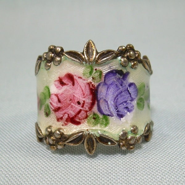 Bague large cigare STERLING ESPO taille 6 or guilloché vintage sur argent 925-émail blanc rose chou violet fleurs roses flore florale