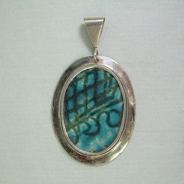 Pendentif en faïence sterling - argent 925 - céramique émaillée bleue - vernis craquelé - Egypte égyptienne - eau du Nil sacré