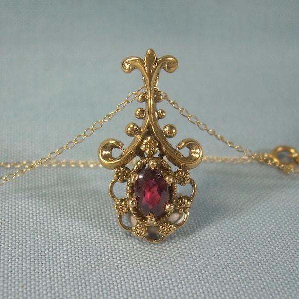 Reserved Jon-14kt EDWARDIAN ETRUSCAN Fleur De Lis Necklace-Bohemian Garnet Pendant-Dainty Chain-Vintage Solid 585 AU 14K Yellow Gold-A00038