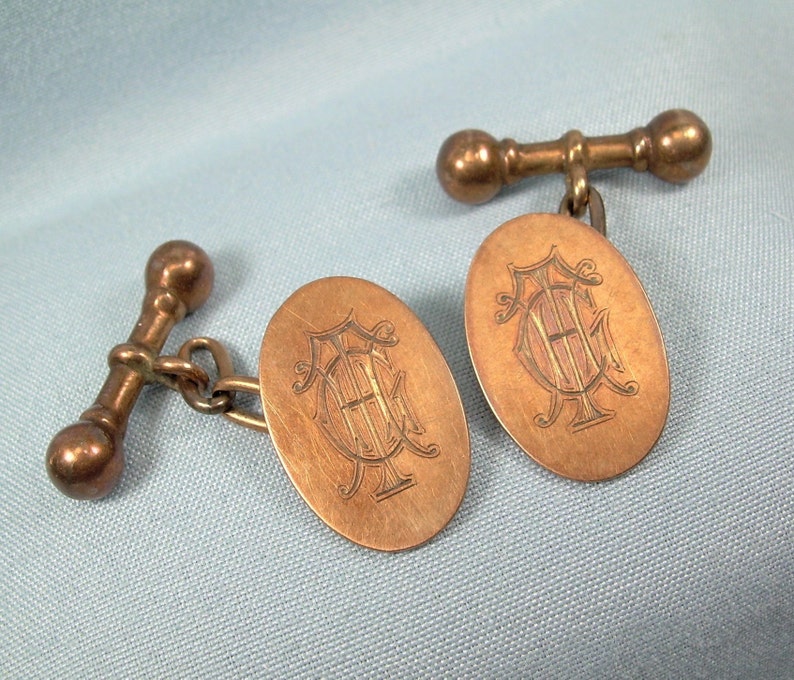 9k ROSE GOLD HGT Monogram Cuff Links-Vintage Antique Solid 9ct 375 au Gold-Edwardian Cufflinks-Old English Initials Letters Chained Barbell image 2