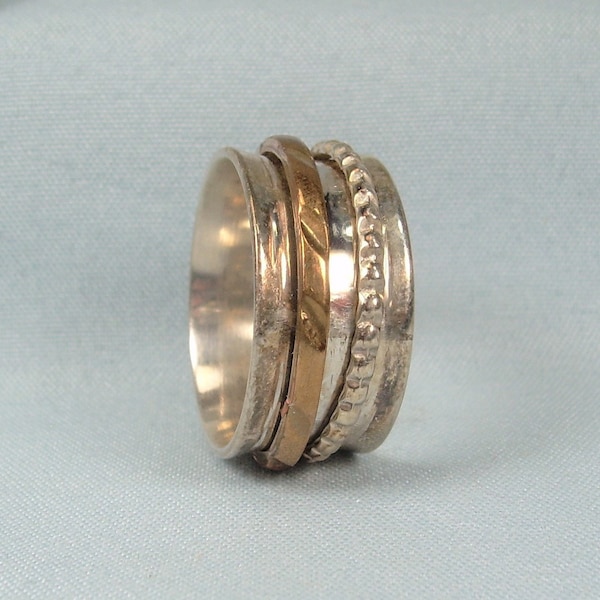 STERLING & COPPER SPINNER Extra Wide Ring Size 6-Vintage 925 Silver-Two Tone-Yoga Meditation-Stackable Stacking-Fidget Band-Smooth