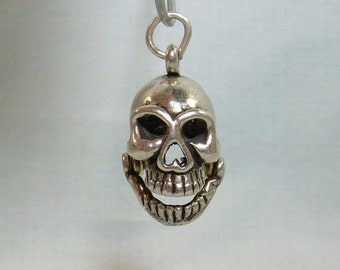 STERLING SKULL Charm Pendant Fob-Vintage 925 Silver-Jointed Hinged Jaw-Skeleton Bones Head-Day Of The Dead Los Muertos-Wicked Heart Nose