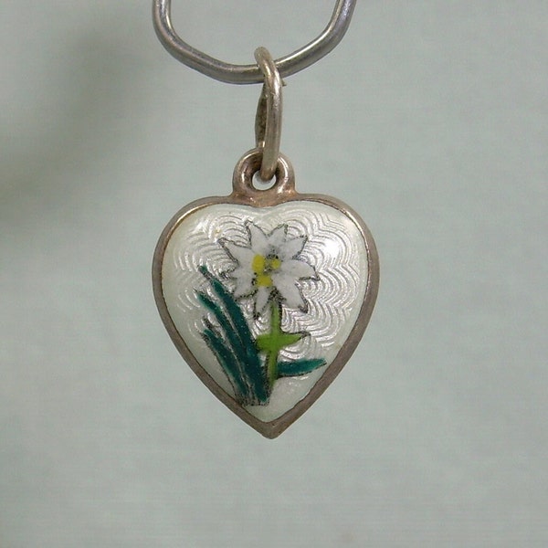 Pendentif breloque EDELWEISS COEUR en argent 800-vintage guilloché presque sterling-vert émail blanc-Alpes suisses bavaroises fleur-petit petit