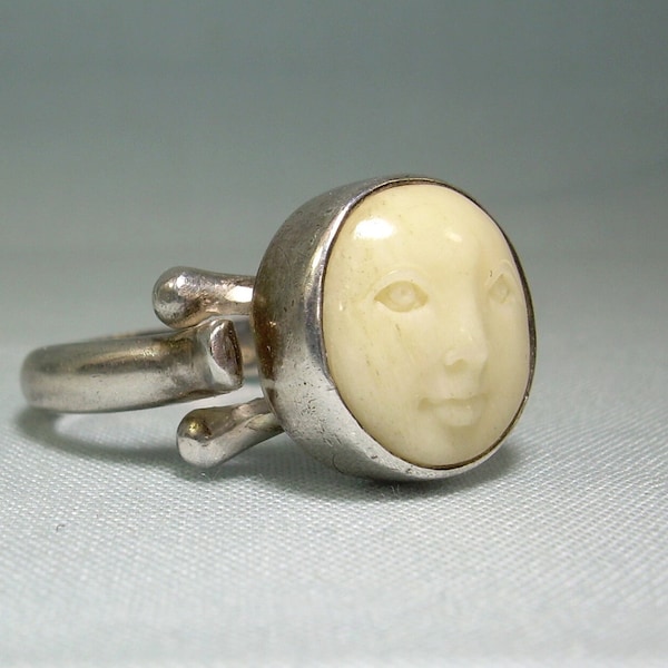 STERLING MOON FACE Ring Adjustable Size-Vintage 925 Silver-Sajen Hallmark-Peaceful Zen Deity Lunar Goddess Cameo Man In The Full Moon