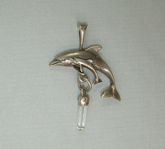 Dolphin with Baby Calf Sterling Silver Antiqued Finish Dolphin with Baby Calf Sterling Silver Antiqued Finish