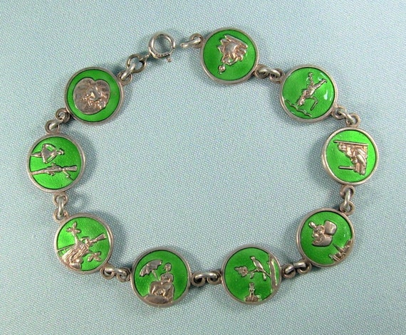 925 Sterling Silver Mexican Vintage Charm Bracelet With Nine 