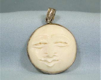 STERLING CELESTIAL FACE Pendant Charm-Vintage 925 Silver-Carved Bone Cameo-Peaceful Smiling Zen Deity Goddess Cosmic Man In The Full Moon