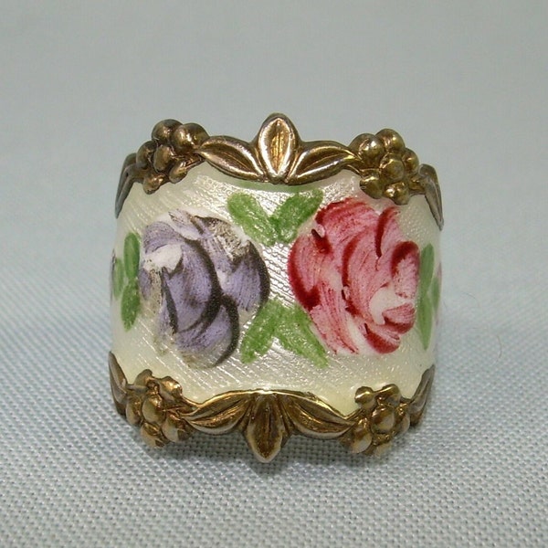 Bague large cigare STERLING VARGAS taille 6 or guilloché vintage sur argent 925-émail blanc rose chou violet fleurs roses floral