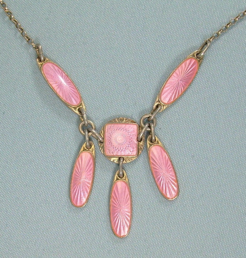 NORWEGIAN LAVALIER Necklace-Vintage Guilloche Gold On Sterling Silver-Pink Enamel-Norway Designer Hallmark-Dainty Dangling Chatelaine