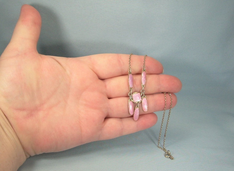 NORWEGIAN LAVALIER Necklace-Vintage Guilloche Gold On Sterling Silver-Pink Enamel-Norway Designer Hallmark-Dainty Dangling Chatelaine