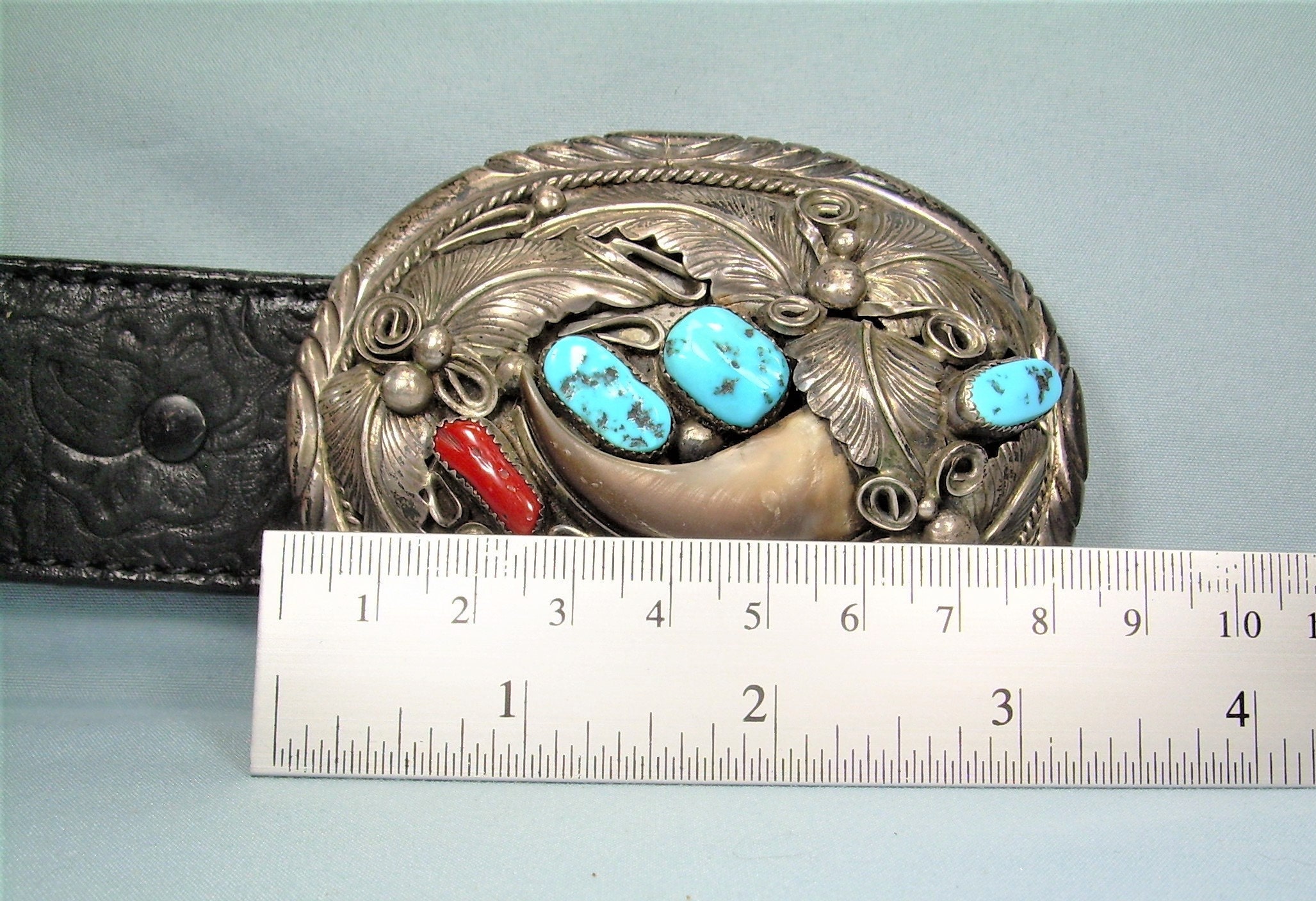 STERLING NAVAJO Buckle & Leather Belt-vintage 925 Silver-m STERLING NAVAJO Buckle & Leather Belt-vintage 925 Silver-m