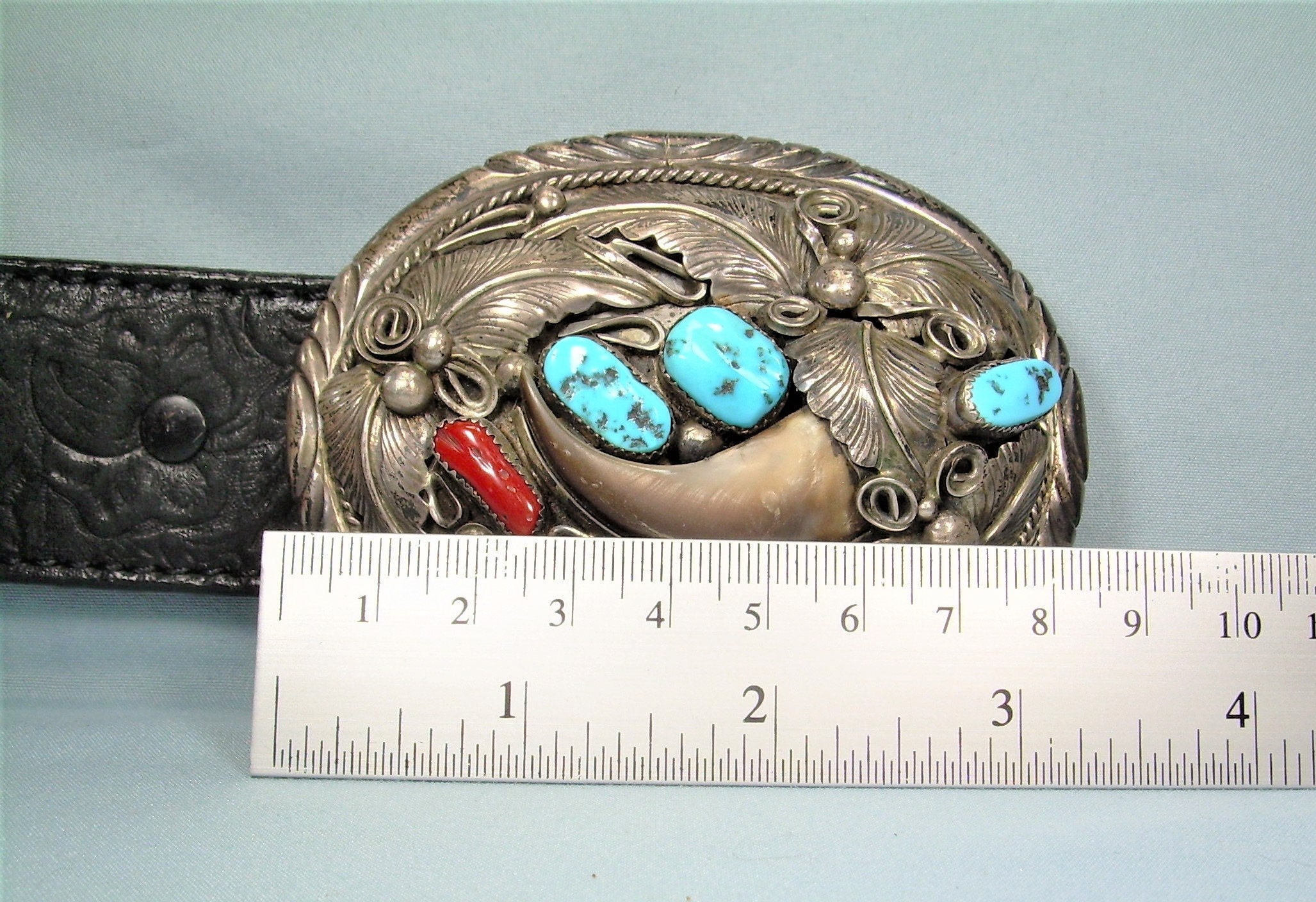 Old Navajo Sterling Silver Turquoise Coral Buckle Mexico Leather Belt