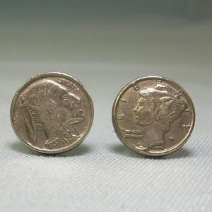 3/8&quot; STERLING MINI COINS Post Stud Earrings-Vintage 925 Silver-Replica Of Us Coins-Indian Head Buffalo Nickel-Mercury Dime-Miniature Tiny