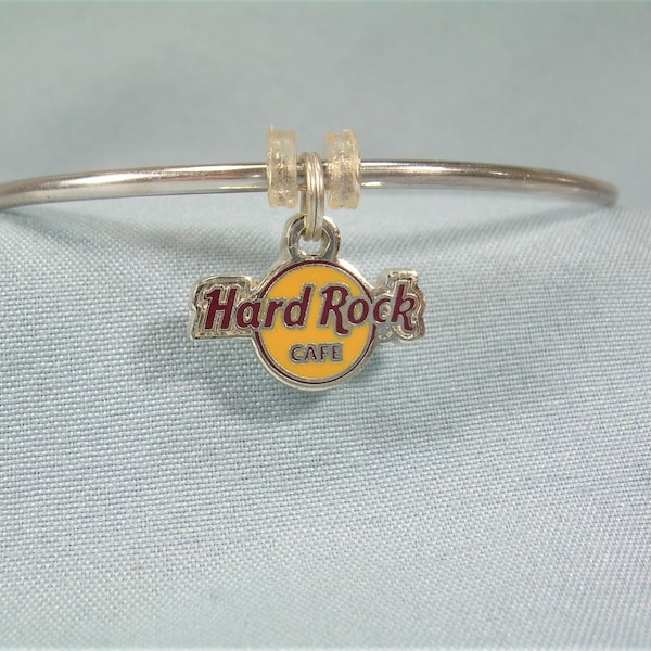 STERLING HARD ROCK Cafe Bangle Bracelet-Vintage 925 Silver Wire Cuff-Silver Tone Charm-Stackable Stacking-Famous Music Hotel Pub-Add A Charm