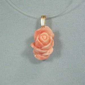14K CORAL Rose Pendant Charm-Vintage Antique Solid 14kt 585 au Yellow Gold-Hand Carved Natural Angel Skin Peach Pink Blush Flower Floral