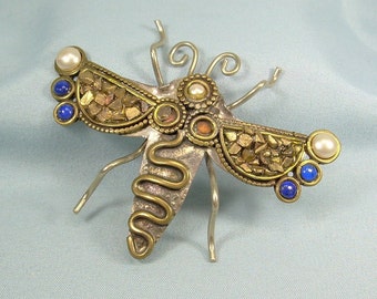 STERLING MOTH DRAGONFLY Pin Brooch-Vintage 925 Silver-Brass Accent-Blue Lapis-Artist Signed-Large Big Wings Dragon Fly Fairy Insect Bug