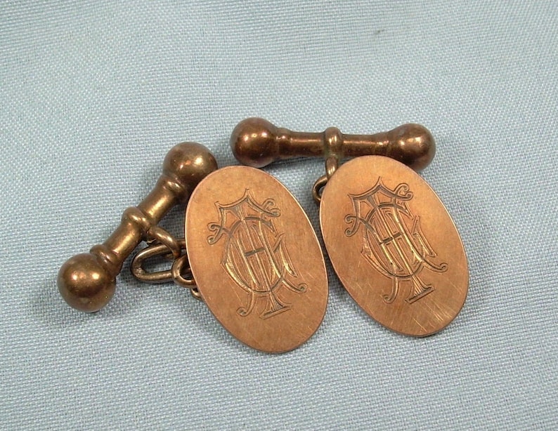 9k ROSE GOLD HGT Monogram Cuff Links-Vintage Antique Solid 9ct 375 au Gold-Edwardian Cufflinks-Old English Initials Letters Chained Barbell image 1