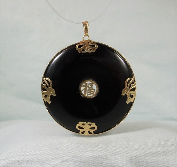 14K BLACK JADE Donut Pendant-vintage 14kt Gold 585 Au-carved