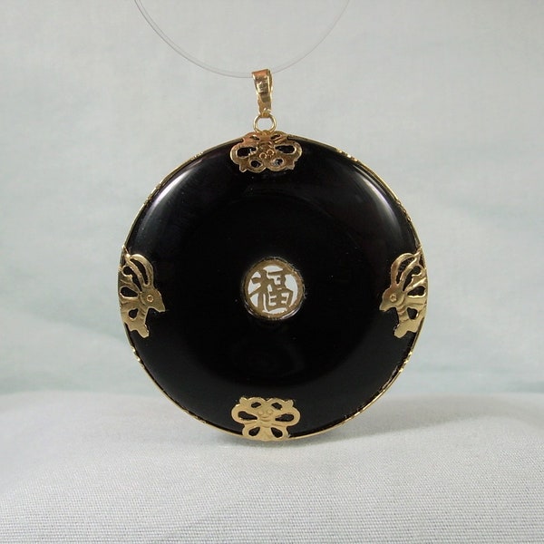 14K BLACK JADE Donut Pendant-Vintage 14kt Gold 585 AU-Carved Jet Ring-Chinese Happiness Lucky Good Fortune-Fertility Pregnancy-Emperor Child