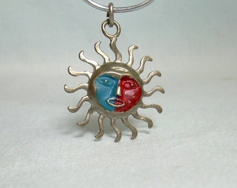 STERLING SUN FACE Charm Pendant-Vintage 925 Silver-Red Blue Enamel-Hand Painted Celestial Solar Sun Deity Sol-Sister To Brother Mani Moon
