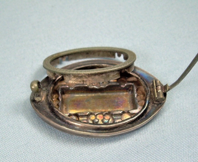 STERLING VICTORIAN MOURNING Locket Pin Brooch-Antique Vintage 925 Silver-Secret Picture Photo Hair Keepsake Box-Fancy Ornate Scrolls Frame