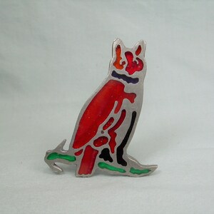 1-1/2&quot; ENAMEL OWL Bird Brooch Pin-Vintage Silver Tone Pot Mix or Pewter-Handmade-Red Green Black Inlay-Avian Fetish Animal-Hat Lapel Pin