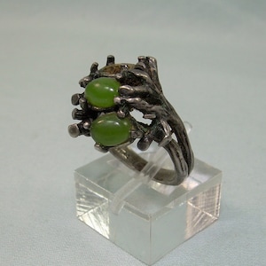 Bague en chrysoprase sterling ou jade néphrite - argent 925 vintage - ovales verts sculptés - triple - Chine chinoise - branches abstraites - MANQUANT un