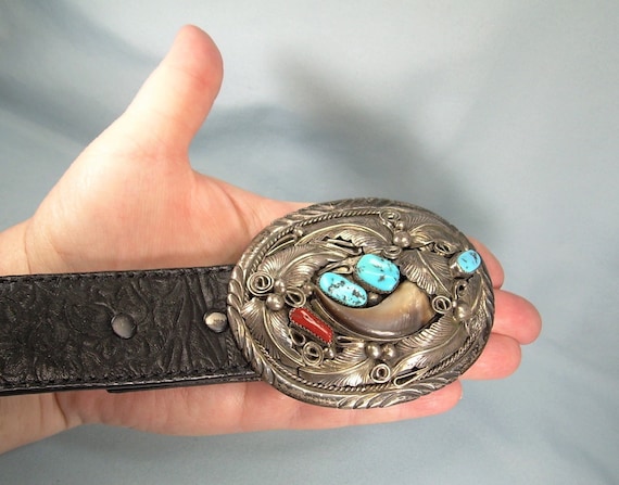 Old Navajo Sterling Silver Turquoise Coral Buckle Mexico Leather Belt