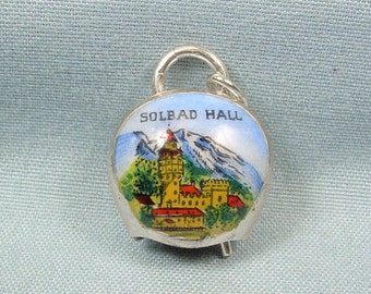 3/4&quot; 800 SILVER SOLBAD HALL Tirol Austria Cow Bell Charm Pendant-Vintage Almost Sterling-Enamel-Austro Hungarian Bavarian Swiss Alps Alpine