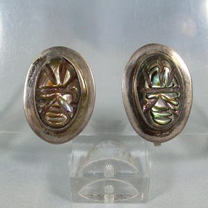 STERLING WARRIOR GODDESS Screw Back Earrings-Vintage 925 Silver-Mexico-Carved Abalone Shell-Tribal Native Face Mask Cameo-Mayan Inca Aztec