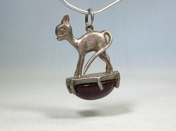 1" STERLING DEER CAT Watch Fob Charm Pendant-Vintage Antique 925 Silver-Brown Red Tigers Eye-Doe-Long Tail-Bambi-English British