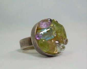 STERLING GEMS CLUSTER Ring-Vintage 925 Silver-Blue Topaz Purple Amethyst Green Peridot Yellow Citrine Crystals-Lapidary Mosaic Assemblage