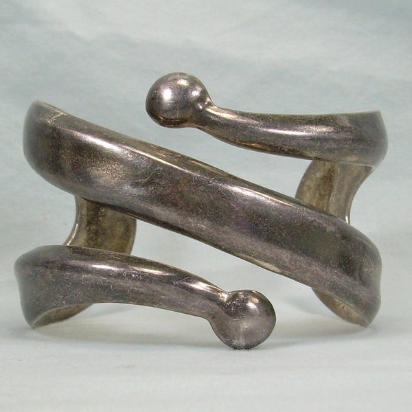 60,9g STERLING ZWARE WIDE Manchetarmband-Vintage 925 Silver-Arm Band Swirls Dots Golvende Curvy Formation Curves-modernistische Swirly abstracte vorm