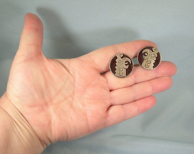 STERLING MEXICO BIRD Cufflinks Cuff Links-Vintage 925 Silver Overlay-Brown Wood-Cheo Hallmark-South America Spirit Sky Deity Condor Parrot
