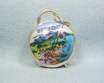 800 SILVER BREGENZ AUSTRIA Cow Bell Charm Pendant-Vintage-Enamel Scene-Bavarian Alps Alpine Village Black Forest Souvenir-Almost Sterling