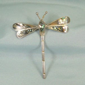 2-1/2" ALPACA DRAGONFLY Pin Brooch-Vintage Silver Tone Not Sterling-Iridescent Rainbow Abalone-Dragon Fly Butterfly Fairy Faerie Insect