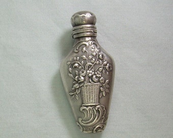 STERLING BOTTLE Pendant-Vintage Antique 925 Silver-Powder Perfume Scent Oil Flask Ash Urn Snuff Vial-Art Nouveau Victorian Flower Basket