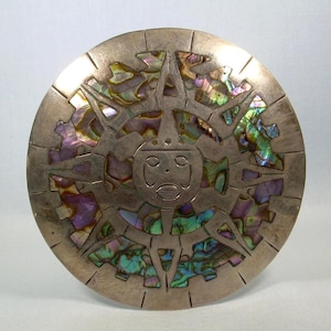 20.6g STERLING ABALONE Pin Brooch-Vintage 925 Silver-Mexico Hallmark-Iridescent Rainbow Seashell Shell-Mayan Calendar 2-11/16&quot; Big Large