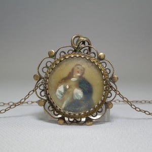 10K & 800 SILVER MADONNA Mini Portrait Pendant-10kt Gold Chain Necklace-Vintage Antique Almost Sterling-Hand Painted Miniature Virgin Mary