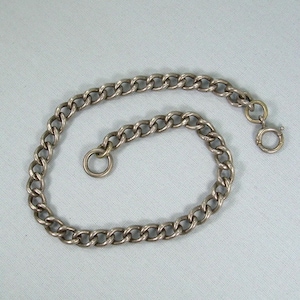 May include: A silver-toned chain with a series of interlocking oval links. The chain has a clasp on one end and a ring on the other. The chain is likely a watch chain or a similar accessory.