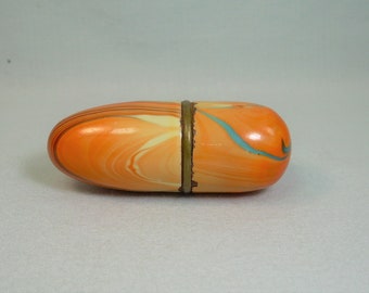 VINTAGE NEEDLE CASE-Antique Made In West Germany-Painted Metal Opens To Fill-Swirl Tie Dye Paint-Orange Yellow Blue-Sewing Locket Box Holder