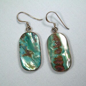 May include: A pair of silver-toned earrings with oblong, iridescent teal and brown stones. The stones are set in a silver frame and have a pearlescent sheen. The earrings have a simple hook design.