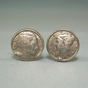3/8&quot; STERLING MINI COINS Post Stud Earrings-Vintage 925 Silver-Replica Of Us Coins-Indian Head Buffalo Nickel-Mercury Dime-Miniature Tiny